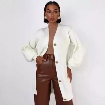 Вязаный свитер средней длины, однотонный вязаный кардиган с V-образным вырезом S абрикосовый