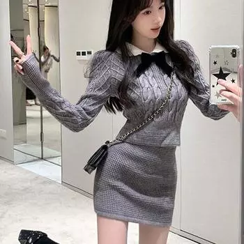 Вязаный свитер Sweet Spicy Girl для женщин, пуловер Sweet Academy, короткая юбка с запахом и бедрами, небольшой комплект из двух предметов, женский свитер One Size серый