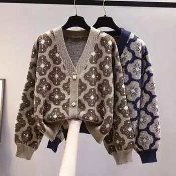 Вязаный свитер, топы, женские осенние повседневные наружные кардиганы, свитер с v-образным вырезом, женские винтажные свободные куртки с длинными рукавами S синий