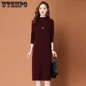 Вязаный свитер в ленивом стиле, женское платье средней длины, свободный вязаный свитер, повседневное однотонное трикотажное платье S зелёный