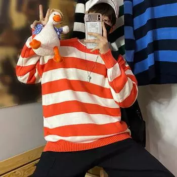 Вязаный свитер в полоску, мужской осенне-зимний мешковатый топ с длинными рукавами, модная универсальная трендовая уличная одежда, винтажная мужская одежда Y2k M зелёный