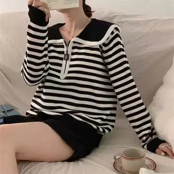 Вязаный свитер в полоску с французским темно-синим воротником, длинный рукав, осень-зима, новый свободный свитер с молнией, женский топ one size fits all чёрный