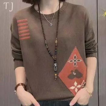 Вязаный свитер в ретро-стиле в иностранном стиле, тонкий, женский, новый, свободный и универсальный, жаккардовая рубашка с длинным рукавом для мамы для весны и осени average size F