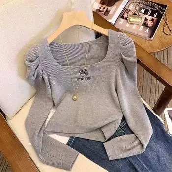 Вязаный свитер весна и осень новый дизайн чувство мода тонкий нишевый вязаный топ женская одежда S серый