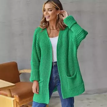 Вязаный свитер женский кардиган для поездок на работу свободная куртка средней длины большой размер для отдыха удобный универсальный и модный S серый