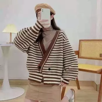 Вязаный свитер, женский кардиган, корейская версия, свободный свитер 2023, осенне-зимний свитер с длинными рукавами и v-образным вырезом, женский кардиган