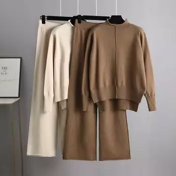 Вязаный свитер, женский костюм-двойка, осенне-зимний свободный повседневный костюм с широкими брюками F чёрный