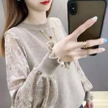 Вязаный свитер женский новый кружевной пряжа с рукавами 2023 женский осенний свитер пуловер с круглым вырезом свитер свободная нижняя рубашка One Size