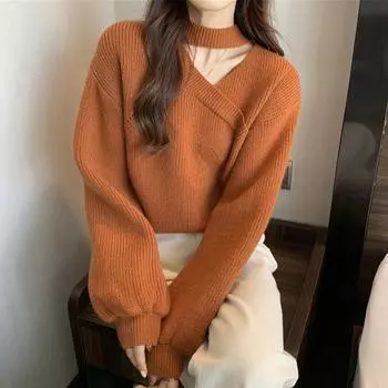 Вязаный свитер женский однотонный топ с v-образным вырезом и длинными рукавами One size белый