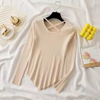 Вязаный свитер женский осень и зима новый облегающий крой база длинный рукав женские свитера топы элегантный О-образный вырез повседневный офисный женский трикотаж джемперы 25486 One Size чёрный