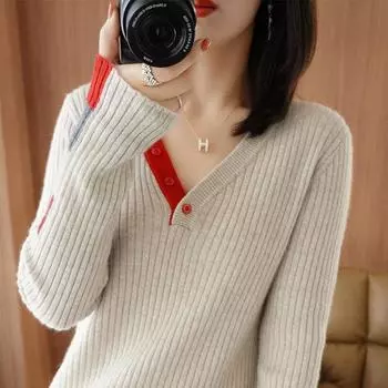 Вязаный свитер женский, осень-зима 2022, пуловер в иностранном стиле с длинными рукавами и v-образным вырезом, свитер для женщин One Size хаки