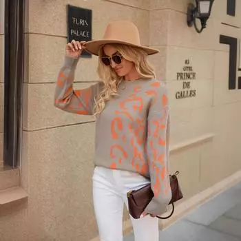 Вязаный свитер женский осенне-зимний круглый вырез пуловер леопардовый принт длинный рукав вязаный пуловер куртка женская удобная и универсальная S серый