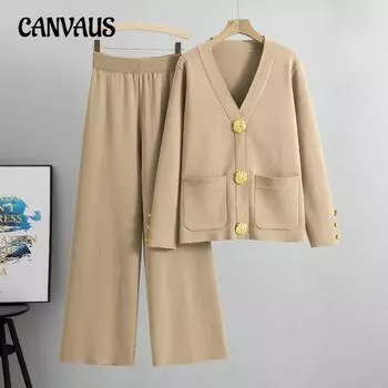 Вязаный свитер женский осенне-зимний плюс размер темперамент свободный повседневный широкий брючный костюм One Size хаки