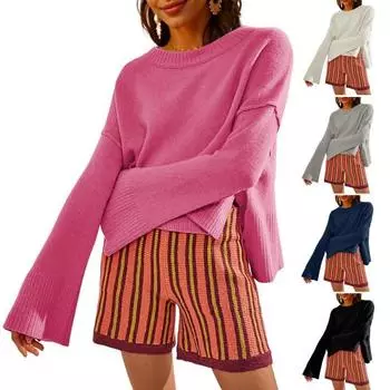 Вязаный свитер женский повседневный однотонный с круглым вырезом, расклешенный, с длинными рукавами, пуловер, джемпер с асимметричным боковым разрезом, легкий трикотажный топ S чёрный