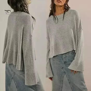 Вязаный свитер женский повседневный однотонный с круглым вырезом, расклешенный, с длинными рукавами, пуловер, джемпер с асимметричным боковым разрезом, легкий трикотажный топ L розы красного