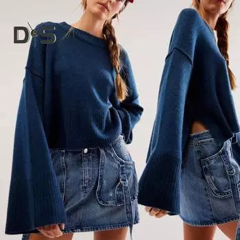 Вязаный свитер женский повседневный однотонный с круглым вырезом, расклешенный, с длинными рукавами, пуловер, джемпер с асимметричным боковым разрезом, легкий трикотажный топ M розы красного