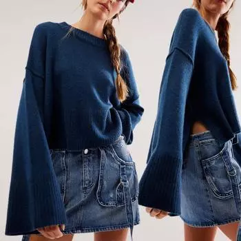 Вязаный свитер женский повседневный однотонный с круглым вырезом, расклешенный, с длинными рукавами, пуловер, джемпер с асимметричным боковым разрезом, легкий трикотажный топ M розы красного