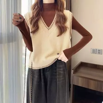 Вязаный свитер женский пуловер жилет верхняя одежда осенне-зимний короткий модный универсальный жилет без рукавов с v-образным вырезом кофейного цвета One Size темно-синий