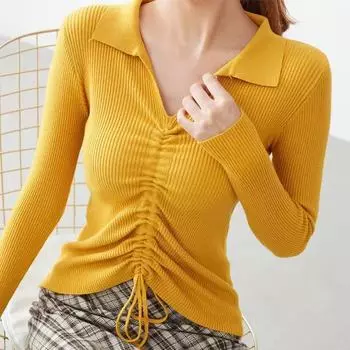 Вязаный свитер, женский топ с длинными рукавами на шнурке, весна-осень, рубашка с квадратным воротником, однотонный тонкий трикотаж XL белый