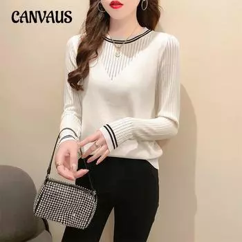 Вязаный свитер женский весна и осень тонкий и узкий пуловер свитер с длинными рукавами круглый вырез горловины L белый