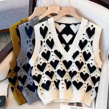 Вязаный свитер-жилет для женщин, весенняя одежда 2023, повседневная верхняя одежда в студенческом стиле на осень/зиму, свитер, жилет, пуловер, женские топы One Size чёрный
