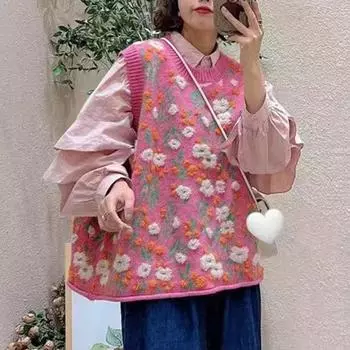 Вязаный свитер-жилет женский осенне-зимний круглый вырез с вышивкой и цветочной вышивкой без рукавов универсальные повседневные топы винтажный модный пуловер One Size чёрный