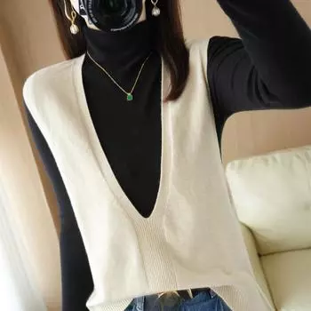 Вязаный свитер жилет женский жилет осенний свободный сердечный ажурный V-образный вырез нерегулярный пуловер жилет S чёрный