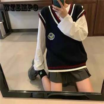 Вязаный свитер, жилет, женский жилет, свободный жилет в студенческом стиле, свитер, топ, женский чистый цвет, простой тонкий свитер, повседневный и удобный L