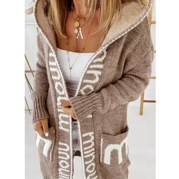 Вязаный свитер Зимний кардиган средней длины с капюшоном Вязаный женский свитер XL серый