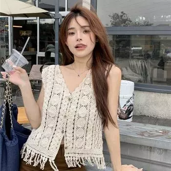 Вязаный тонкий топ с вырезом и жилетом в иностранном стиле, без рукавов с кисточками, закрывающий мясо, для женщин One Size бежевый