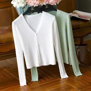 Вязаный тонкий весенне-летний изогнутый бисерный кардиган из ледяного шелка с длинными рукавами, женский однотонный солнцезащитный топ с V-образным вырезом One size белый