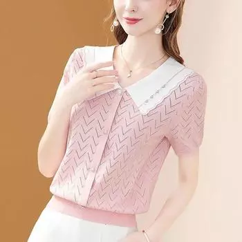 Вязаный топ из ледяного шелка, женский летний новый кукольный воротник с гвоздями и бусинами, ажурная тонкая рубашка S-3XL XXL белый