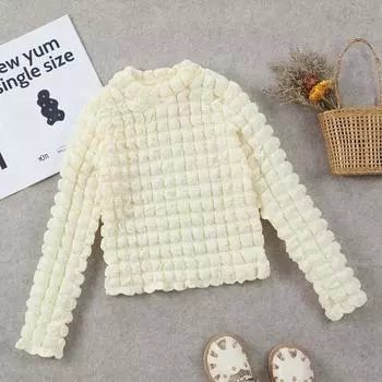 Вязаный топ из пенопласта для девочек, однотонная вафельная футболка с длинными рукавами, одежда с круглым вырезом 8Y абрикосовый