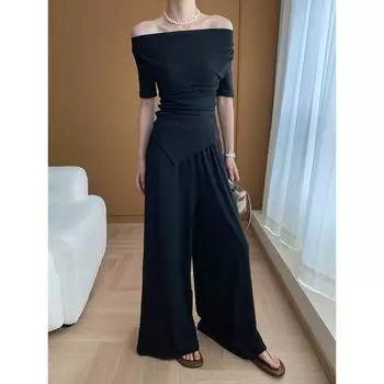 Вязаный топ на одно плечо, широкие брюки, комплект из двух предметов, ранняя весна S чёрный