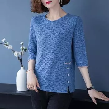 Вязаный топ с рукавом три четверти, женский тонкий свободный свитер ранней весны, летняя нижняя рубашка со средними рукавами L чёрный