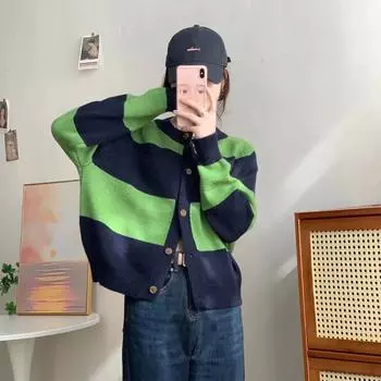 Вязаный топ с v-образным вырезом, полосатый женский кардиган, новинка 2022 года, свободный свитер, универсальный женский кардиган в западном стиле с длинными рукавами и круглым вырезом One Size зелёный