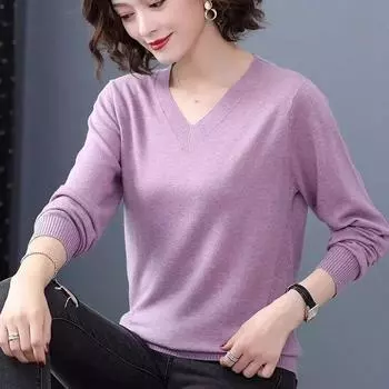 Вязаный топ с v-образным вырезом, женский осенне-зимний модный новый трикотаж с длинными рукавами, свободный однотонный нижний свитер S-4XL XXXL чёрный