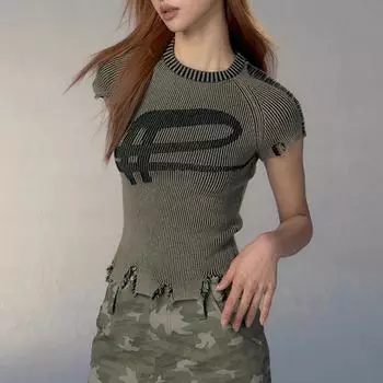 Вязаный топ в стиле гранж-эстетика, винтажная футболка с потертостями, укороченный топ в стиле панк, облегающая футболка в рубчик в стиле Харадзюку, уличная одежда Y2k One Size