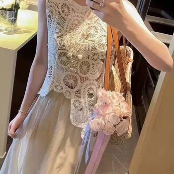 Вязаный топ-жилет в стиле ретро, связанный крючком, с новым летним коротким дизайнерским ремешком без рукавов. One Size бежевый