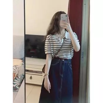 Вязаный трикотаж в винтажную полоску, шикарная летняя футболка-поло Stripes short sleeve M Suggested 45.00 kg-52.50 kg