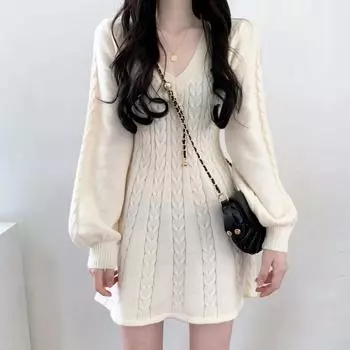 Вязаный вязаный свитер, мини-платье, женские повседневные короткие платья с рукавами-фонариками, осенне-зимняя одежда с v-образным вырезом, женская одежда S