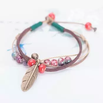 Вязаный вручную винтажный богемный браслет, браслет с перьями, модные керамические колокольчики, женские аксессуары
