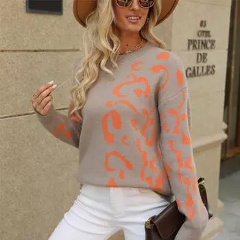 Вязаный жаккардовый свитер, женский осенне-зимний свитер с круглым вырезом, леопардовый принт, длинные рукава, нижняя часть средней длины S серый