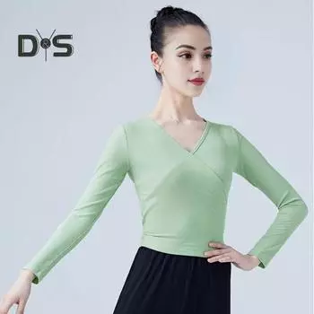 Вязаный женский балетный топ с эластичным V-образным вырезом, регулируемой завязкой на спине и длинными рукавами, чистый цвет, облегающий спортивный трикотаж для йоги, одежда 2XL бежевый