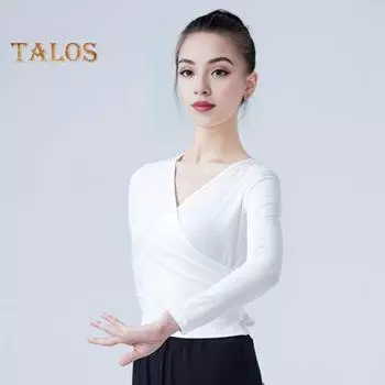 Вязаный женский балетный топ с эластичным V-образным вырезом, регулируемой завязкой на спине и длинными рукавами, чистый цвет, облегающий спортивный трикотаж для йоги, одежда 2XL бежевый