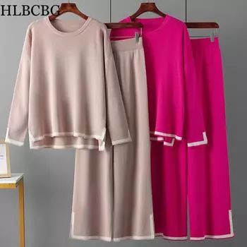 Вязаный женский брючный костюм, комплект из двух предметов, зеленый зимний свободный трикотаж с длинными рукавами, брюки-клеш, комплекты женских повседневных костюмов One Size бежевый