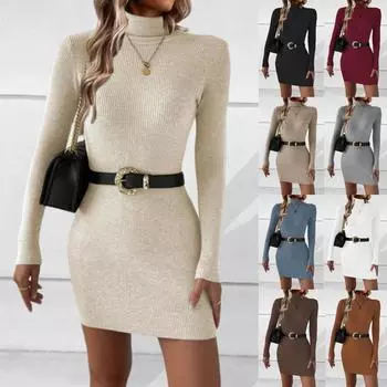 Вязаный женский длинный свитер с поясом, пуловер, женское зимнее теплое уличное платье S абрикосовый