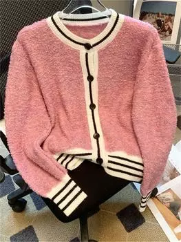 Вязаный женский кардиган на осень-зиму, новый лоскутный свитер с длинными рукавами, повседневный винтажный однобортный кардиган