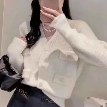 Вязаный женский кардиган с длинными рукавами, универсальный топ с v-образным вырезом, короткий свитер, весна 2023, верхняя одежда, женский кардиган-свитер