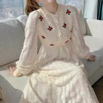 Вязаный женский нежный ветер длиной до колена, тонкий свитер с вышивкой, юбка размера плюс XXL чёрный